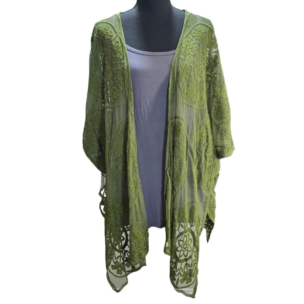 Maurices Kimono Wrap Womens One Size Olive Green Mesh Embroidered Boho Festival